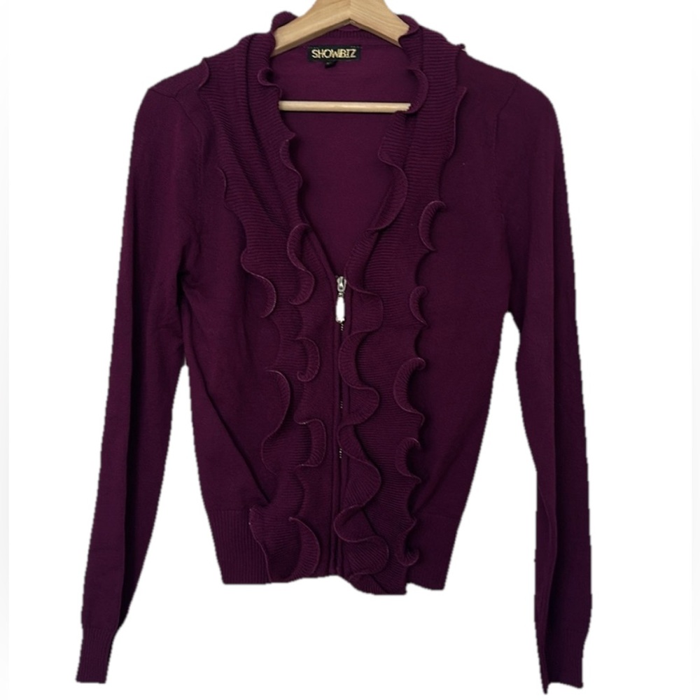 Showbiz Purple Long Sleeve Knit Zip Up Sweater w/ Ruffle Details Sz. M/L
